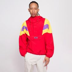 Vintage 80s red, yellow and purple color block pullover windbreaker hoodie with a drawstring waist, kangaroo pocket, and a half zipper closure with velcro.  Measurements and Condition: Fits like: Labeled men's medium (fits oversize) Fabric: Coated nylon shell, and lightweight nylon lining.  Brand: CB Sports Condition: Excellent Length: 26.5" Chest: 51" Waist: 42" - cinches with drawstring Sleeve (from center back to sleeve end): 37" Shown on a 6'1" model with measurements of 34"-32"-34", usually Retro Hooded Cotton Windbreaker, Retro Cotton Hooded Windbreaker, Sporty Red Windbreaker With Drawstring Hood, Red Sporty Windbreaker With Adjustable Hood, Sporty Nylon Windbreaker With Kangaroo Pocket, Retro Color Block Hooded Track Jacket, Retro Red Hooded Windbreaker, Red Retro Hooded Windbreaker, Red Track Jacket With Drawstring Hood For Streetwear