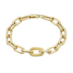 "This Italian handcrafted chain link bracelet is completely composed of 14K solid gold and is uniquely made with a semi-hollow interior for comfortable everyday wear that will not dent. The chain is centered with a slightly larger link which is uniquely finished with a rope detail pattern throughout the link. This bracelet is available in 4 different length options. ♦ Total Length: your choice of 6.5, 7, 7.5 or 8 inches ♦ Link Dimensions: approximately 7mm (w) x 13.5mm (l) x 2.2mm thick ♦ Rope L Gold Oval Link Cable Chain Bracelet, Formal Gold Bracelet With Oval Link And Hooks, Formal Gold Oval Link Bracelet With Hook, Yellow Gold Jubilee Link Chain Bracelet, Gold Oval Link Bracelet With Paperclip Chain, Gold Bracelet With Paperclip Chain And Oval Link, Gold Link Bracelet With Hook And Links, Gold Paperclip Chain Bracelet With Oval Links, Oval Gold Chain Bracelet