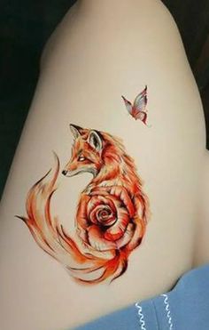 Fox Thigh Tattoo, Cherry Blossom Tattoo Behind Ear, Tattoo Cherry Blossom, Red Fox Tattoos, Tattoo Cherry, Thigh Tattoo Ideas, Unique Half Sleeve Tattoos, Cute Thigh Tattoos