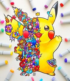 a drawing of a pikachu surrounded by crayons