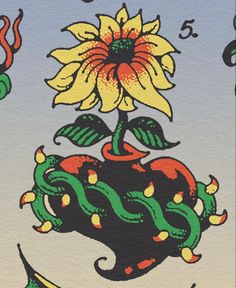 an ace of spade with a sunflower in the middle and other symbols around it