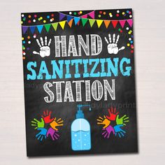 a hand sanitizing station sign on a white background with confetti and streamers