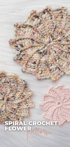 three crocheted coasters with the words spiral crochet flower pattern on them