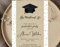 a graduation party card with a mortar cap on the front and stars in the back