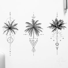 three palm trees are drawn on the wall next to a pen and paper clipboard