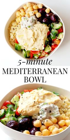 two bowls filled with different types of food and the words 5 - minute mediterranean bowl