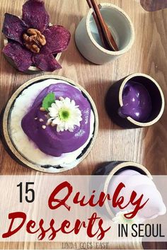 purple desserts in small bowls on a wooden table with chopsticks and saucers