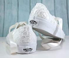 Lace Bridal Vans Floral  Lace --Lace Vans -- Wedding Tennis shoes  - Wedding Vans For the girl who wears her Vans to every occasion.... why shouldn't you wear them to your wedding? Skip down the aisle in comfort in these beautiful ivory lace Vans! Pictured with the Core Classic Vans in True White with ivory lace and ivory ribbon shoelaces. Alternate ribbon shoelace colors are available upon request. Available in all colors and styles that Vans currently offer. To figure out shoe sizing and to pi Bridal Vans, Vans Wedding, Lace Vans, Wedding Tennis Shoes, Ribbon Shoelaces, Block Heels Wedding, Wedding Vans, Vans Floral, Leather Wedding Shoes