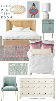 a bedroom with blue and white furniture, pink accents, and pictures on the wall