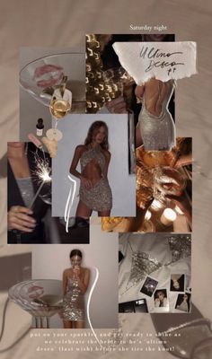 a collage of photos with the same woman in silver clothing and accessories on them