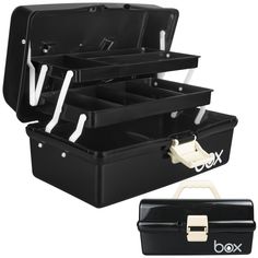 two black suitcases with handles and dividers