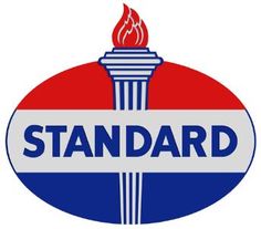 the logo for standard oil is shown in red, white and blue with a torch sticking out of it