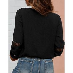 Black V Neck Crochet Hollow-out Blouse Black V-neck Crochet Top For Spring, Black Long Sleeve Bohemian Crochet Top, Casual Black Hollow Out Top, Chic Black Crochet Long Sleeve Top, Chic Black Crochet Top For Fall, Black Long Sleeve Crochet Top, Black Long Sleeve Crochet Top For Summer, Black Crochet Top For Spring Day Out, Casual Black Crochet Top For Fall