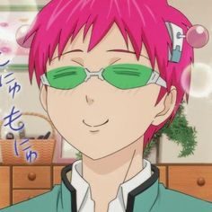 an anime character with pink hair and green glasses