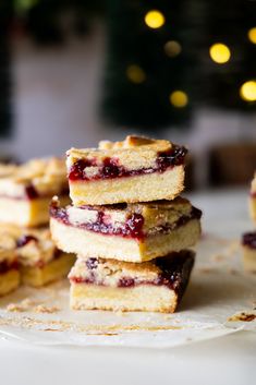 several pieces of cake stacked on top of each other