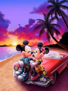 mickey and minnie mouse riding on the back of a red car in front of palm trees