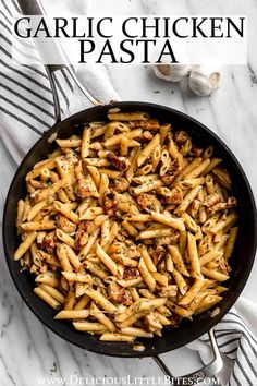 garlic chicken pasta in a skillet with text overlay