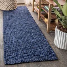 a blue rug is on the floor next to a potted plant