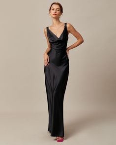 The Black Cowl Neck Sheath Satin Maxi Dress & Reviews - Black - Dresses | RIHOAS Terrence Loves You, Costume Noir, Tailored Clothes, Black Silk Dress, Stylish Women Fashion, Black Satin Dress, Cowl Neck Dress, Satin Maxi, Satin Maxi Dress