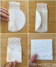 four pictures showing how to make an ornament out of doily and paper