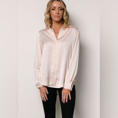 Nwt Classy, Sophisticated Look Sleek Satin Material Shirt Collar Button Up Style Long Sleeves Button At Cuffs Single Pleat At Back 69% Recycled Polyester, 31% Polyester Elegant V-neck Shirt With Back Button Closure, Elegant V-neck Shirt For Daywear, Elegant V-neck Blouse With Back Button Closure, Chic Semi-formal Blouse With Back Button Closure, Chic Semi-formal Top With Covered Buttons, Elegant Button-up Blouse With Hidden Closure, Elegant Tops With Button Cuffs For Night Out, Classic Blouse With Button Cuffs For Night Out, Chic Solid Tops