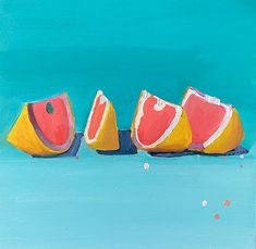 a painting of watermelon slices on a blue background