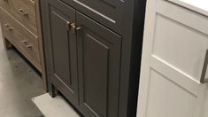 the cabinets are painted gray and white