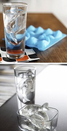 there are two pictures of ice cubes and a glass with water in it on the table