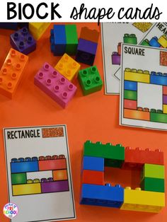 lego shape cards with the words, rectangle and square on them in front of an orange background