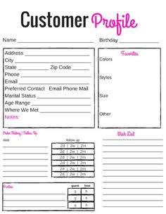 a printable customer profile sheet with the words customers profile and numbers in pink on it