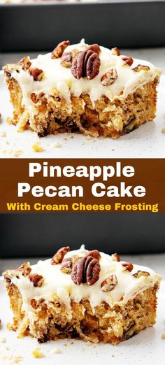 pineapple pecan cake with cream cheese frosting and pecans in the middle