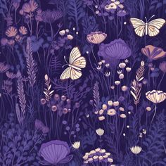 an image of butterflies and flowers in the dark night sky with purple hues on them