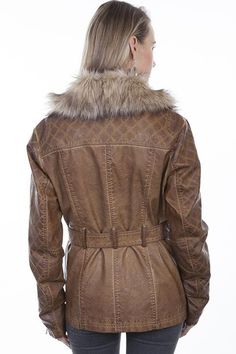 You will love this faux fur trim western jacket. This western-style jacket features a luxurious oversized fur collar and lapels. The jacket has a front zip closure and two lower vertical zip pockets. It also has a belt for fit and to cinch out the cold. Zip closing cuffs.100% polyester body and 100% acrylic faux fur trim.Acetate lining.Dry clean only Western Jacket, Leather Company, Trim Jacket, Faux Fur Vests, Brown Jacket, Faux Fur Collar, Faux Fur Jacket, Retro Outfits, Fur Collar