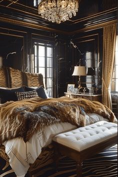 a luxurious bedroom with zebra print bedding and chandelier above the bed is an ottoman