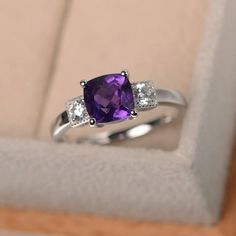 Wedding ring cushion cut natural amethyst ring silver ring | Etsy Fine Jewelry Cushion Cut Amethyst Ring, Fine Jewelry Purple Cushion Cut Amethyst Ring, Cushion Cut Purple Amethyst Ring, Cushion Cut Amethyst Ring In Purple, Minimalist Jewelry Rings, Cushion Cut Wedding Rings, February Birthstone Ring, Gemstone Diamond Ring, Cushion Cut Diamond Ring