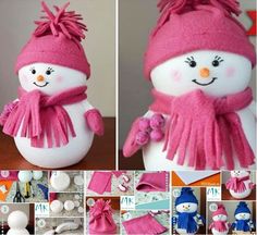 the snowman is wearing a pink hat, scarf and mittens with matching pom - poms