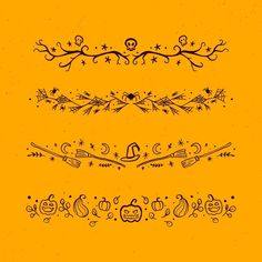 a set of hand drawn borders and dividers on an orange background with black ink