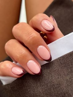 simple dark brown french tip nails French Nail Designs Burgundy, Modern Manicure Ideas, Half French Half Full Nails, Summer Nail Ideas French Tips Almond, Unusual French Tip Nails, French Tip Nail Color, November Nails Oval, Fall Nails 2024 French Tip, Nails Autumn 2024 Trends