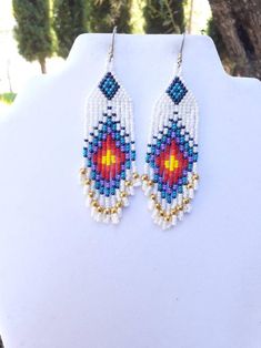 Native American Style Beaded Peacock Eye Earrings Frost Gold | Etsy Beaded Peacock, Beadwork Designs, Native American Beaded Earrings, Native American Style, Native American Beading, Native American Fashion, Eye Earrings, Brick Stitch, Seed Bead