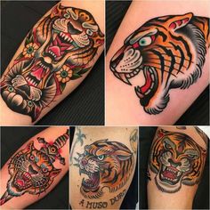 four different images of tiger tattoos on both arms and legs, one with an open mouth