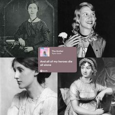 four different pictures of women in dresses and hats, one with an old fashioned photo