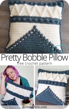 a crocheted pillow with the words pretty bobble pillow on it and an image of