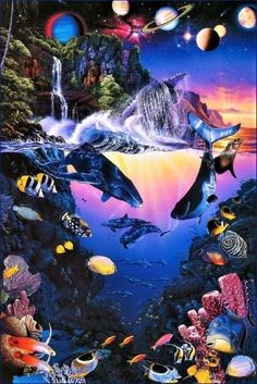 a painting of dolphins swimming in the ocean surrounded by other marine creatures and planets,