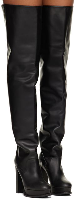 Thigh-high buffed leather boots in black. · Covered platform midsole · Covered heel with rubber injection · Leather sole · Platform: H1.25 in · Heel: H4.5 in Supplier color: Black Thigh High Platform Boots, Alexander Mcqueen Boots, Alexander Mcqueen Sunglasses, Paisley Pants, Mens Workout Clothes, Boot Brands, Winter Outfits Women, Black Leather Boots, Tall Boots