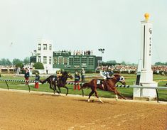 two horses are racing down the track at a horse race