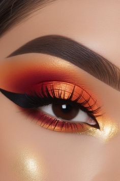 Black And Orange Eye Makeup, Sun Set Makeup Look, Orange And Gold Eye Makeup, Orange Red Makeup Look, Orange And Red Eyeshadow Looks, Red Gold Makeup Look, Sunset Inspired Makeup, Gryffindor Makeup Looks, Fire Inspired Makeup Look