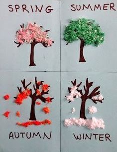 four different trees made out of paper with words written on them and some writing in the middle