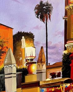 an oil painting of a street scene with buildings and palm trees in the background at dusk