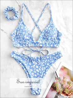 blue Leopard High Leg Criss Cross Bikini Swimwear Coverups Swimsuit, Curvy Swimsuit, Swimsuit Curvy, Swimsuit For Small Chest, Boho Swimsuit, Sporty Swimsuit, Honeymoon Swimsuit, Swimsuit Modest, Aesthetic Swimsuit