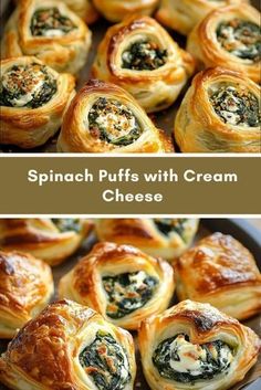 Spinach Puffs with Cream Cheese Spinach Cream Cheese Roll Ups, Spinach Finger Food, Savory Cream Cheese Appetizers, Stuffed Cheese Puffs, Spinach Crescent Rolls Appetizers, Boursin Cream Cheese Puff Pastry Appetizer, Spinach Pinwheels Puff Pastry, Spinach Cream Cheese Puff Pastry, Puff Pastry Finger Food